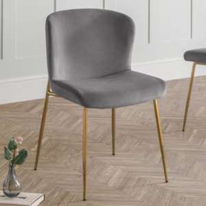 Haimi Velvet Dining Chair In Grey With Gold Metal Legs