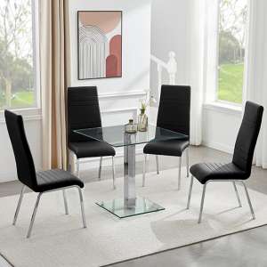 Hartley Clear Glass Dining Table With 4 Dora Black Chairs