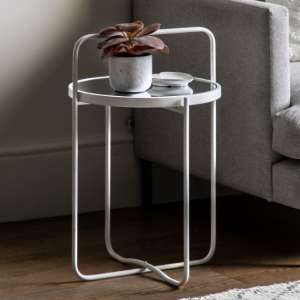Hawley Round Glass Side Table With Metal Frame In White - UK