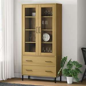 Helio Solid Wood Display Cabinet In Brown With Metal Legs