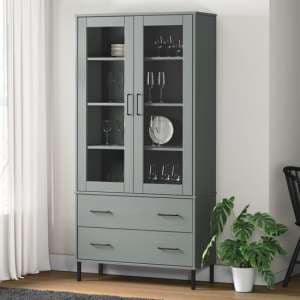 Helio Solid Wood Display Cabinet In Grey With Metal Legs