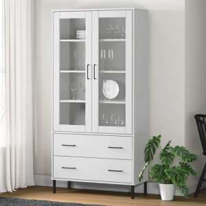 Helio Solid Wood Display Cabinet In White With Metal Legs