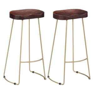 Henley 78cm Walnut Wooden Bar Stools With Brass Legs In A Pair