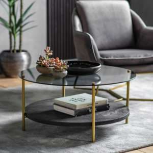 Hernan Round Black Glass Coffee Table With Gold Metal Legs