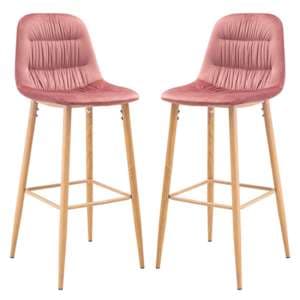 Herpes Pink Velvet Bar Chairs With Wooden Legs In Pair