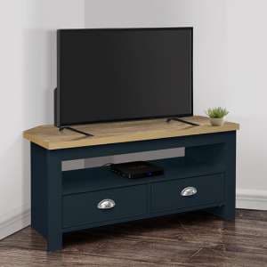 Highgate Corner Wooden TV Stand In Navy Blue And Oak
