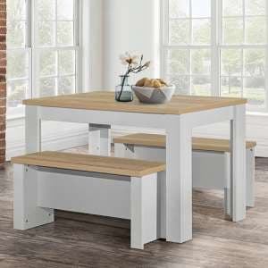 Highgate Wooden Dining Table And 2 Benches In Grey And Oak