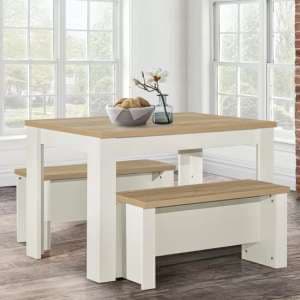 Highland Wooden Dining Table And 2 Benches In Cream And Oak - UK