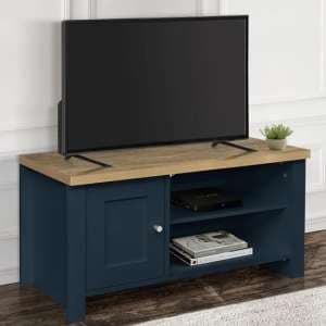 Highland Wooden TV Stand With 1 Door In Navy Blue And Oak - UK