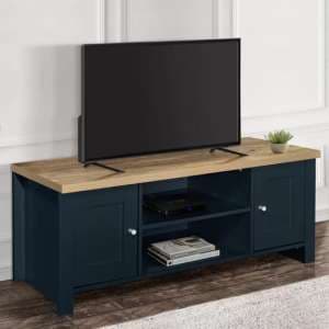 Highland Wooden TV Stand With 2 Doors In Navy Blue And Oak - UK