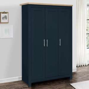 Highland Wooden Wardrobe With 3 Doors In Navy Blue And Oak