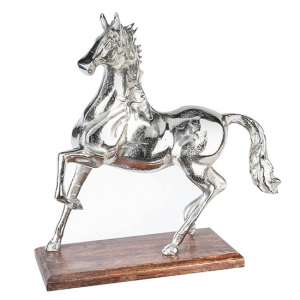 Horse Sculpture In Antique Aluminium With Brown Wooden Base