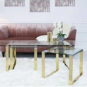 Huron Clear Glass Set Of 3 Coffee Tables In Shiny Gold Frame