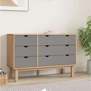 Ieva Solid Pine Wood Wide Chest Of 6 Drawers In Brown And Grey - UK