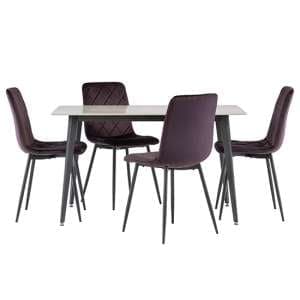 Inbar 130cm Grey Marble Dining Table 4 Basia Aubergine Chairs - UK