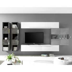 Infra Wall TV Unit And Shelves In White Gloss And Cement Effect