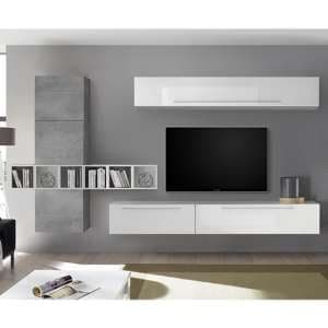Infra Cement Effect Wall Entertainment Unit In White High Gloss