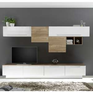 Infra TV Stand With Shelves In White Gloss And Stelvio Walnut