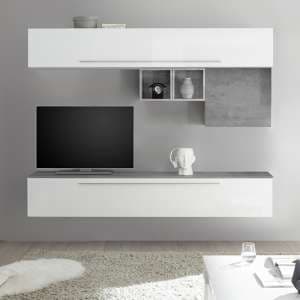 Infra White High Gloss Wall Entertainment Unit In Cement Effect
