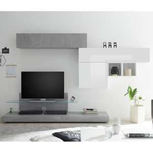 Infra TV Stand In White Gloss And Cement Effect And Glass Shelf