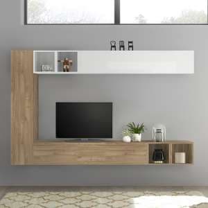 Infra White Gloss Wall TV Unit In Stelvio Walnut With 4 Shelves