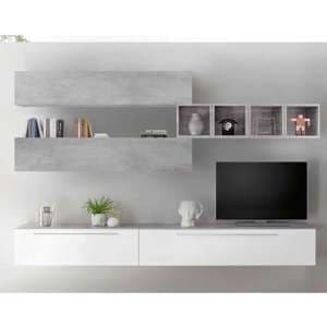 Infra Wall TV Unit With Shelves In White Gloss And Cement Effect