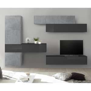 Infra Wall TV Unit With Storage In Grey Gloss And Cement Effect