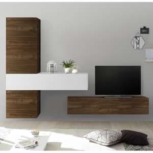 Infra Wall TV Unit With Storage In White Gloss And Dark Walnut