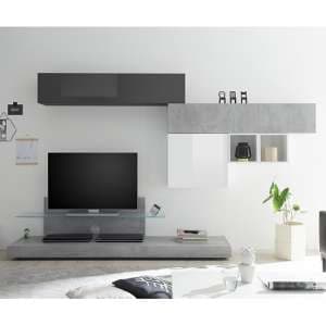 Infra White And Grey Gloss TV Stand In Cement And Glass Shelf