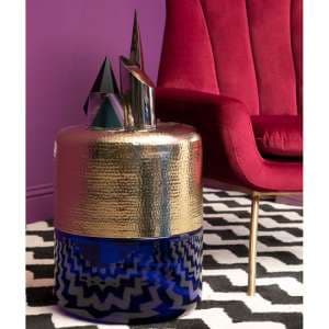 Intan Round Gold Aluminium Side Table With Blue Glass Base - UK