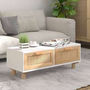 Alfy Coffee Table With 2 Drawers In White And Natural Rattan