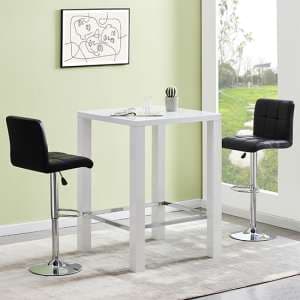 Jam Square Glass White Gloss Bar Table With 2 Coco Black Stools - UK