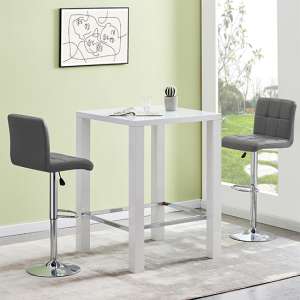 Jam Square Glass White Gloss Bar Table With 2 Coco Grey Stools - UK