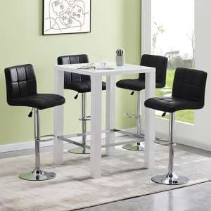 Jam Square Glass White Gloss Bar Table With 4 Coco Black Stools - UK