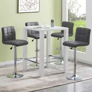 Jam Square Glass White Gloss Bar Table With 4 Coco Grey Stools - UK