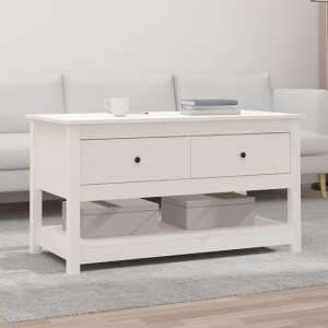 Janie Pine Wood Coffee Table With 2 Drawers In White