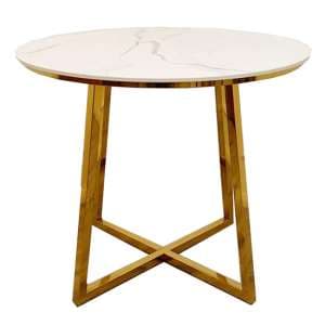 Jersey Round White Sintered Stone Dining Table With Gold Frame