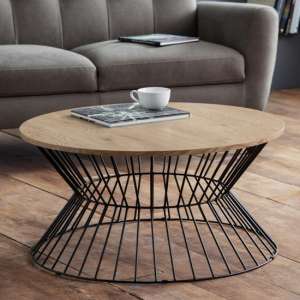 Jacarra Wooden Coffee Table In Natural Oak With Round Wire Base - UK