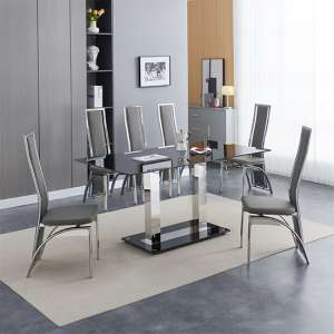 Jet Large Black Glass Dining Table With 6 Chicago Grey Chairs - UK