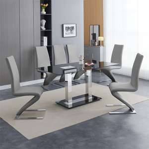 Jet Large Black Glass Dining Table With 6 Demi Z Grey Chairs - UK