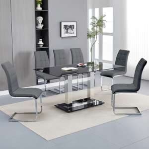 Jet Large Black Glass Dining Table With 6 Paris Grey Chairs - UK