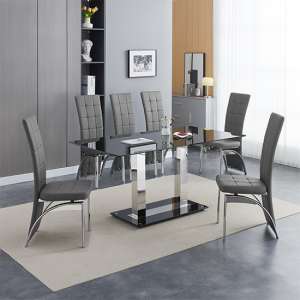 Jet Large Black Glass Dining Table With 6 Ravenna Grey Chairs - UK