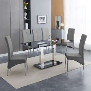 Jet Large Black Glass Dining Table With 6 Vesta Grey Chairs - UK