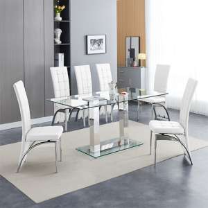 Jet Large Clear Glass Dining Table With 6 Ravenna White Chairs - UK