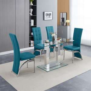 Jet Small Clear Glass Dining Table With 4 Ravenna Teal Chairs - UK