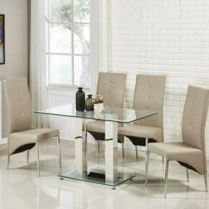 Jet Small Glass Dining Table In Clear With 4 Vesta Taupe Chairs - UK