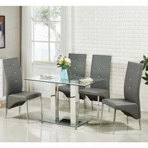 Jet Small Glass Dining Table In Clear With 4 Vesta Grey Chairs