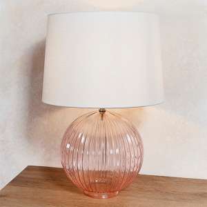Jixi White Linen Shade Table Lamp With Dusky Pink Ribbed Base - UK