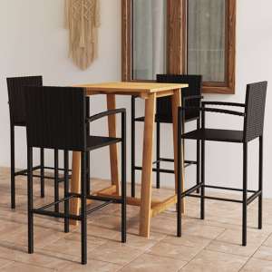 Kairi Outdoor Wooden Bar Table With 4 Black Poly Rattan Stools
