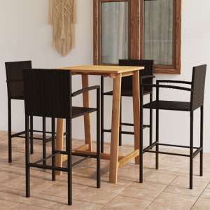 Kairi Outdoor Wooden Bar Table With 4 Brown Poly Rattan Stools